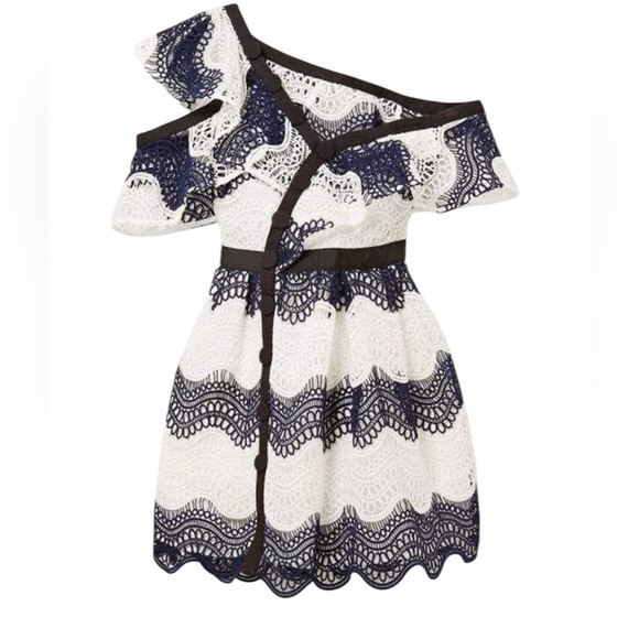 Self-Portrait Neavy blue white strip lace frill off shoulder mini dress US2 UK6 - Picture 5 of 7